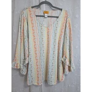 Ruby Rd Colorful Ruffle Sleeve Blouse Shirt 2X  Flowy Bohemian Classy